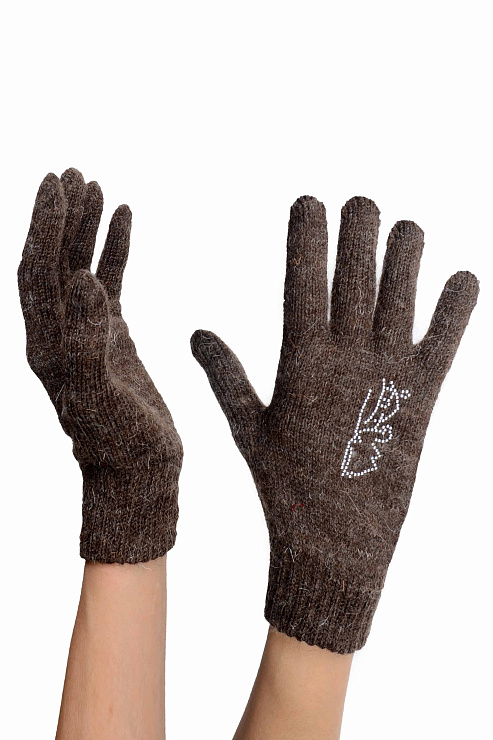 Перчатки со стразами однослойные вязаные из верблюжьей шерсти 