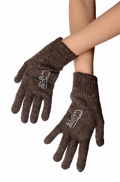 Перчатки со стразами однослойные вязаные из верблюжьей шерсти 