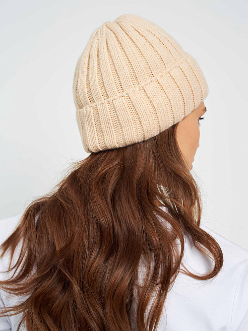 Шапка вязаная из шерсти мериноса с отворотом и флисовой подкладкой 