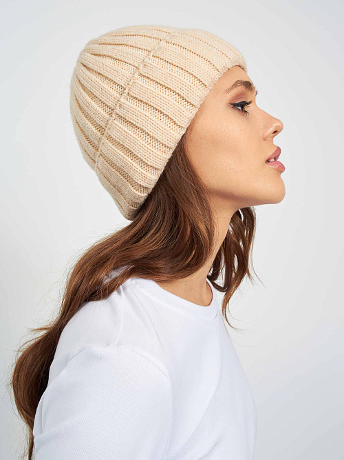 Шапка вязаная из шерсти мериноса с отворотом и флисовой подкладкой 